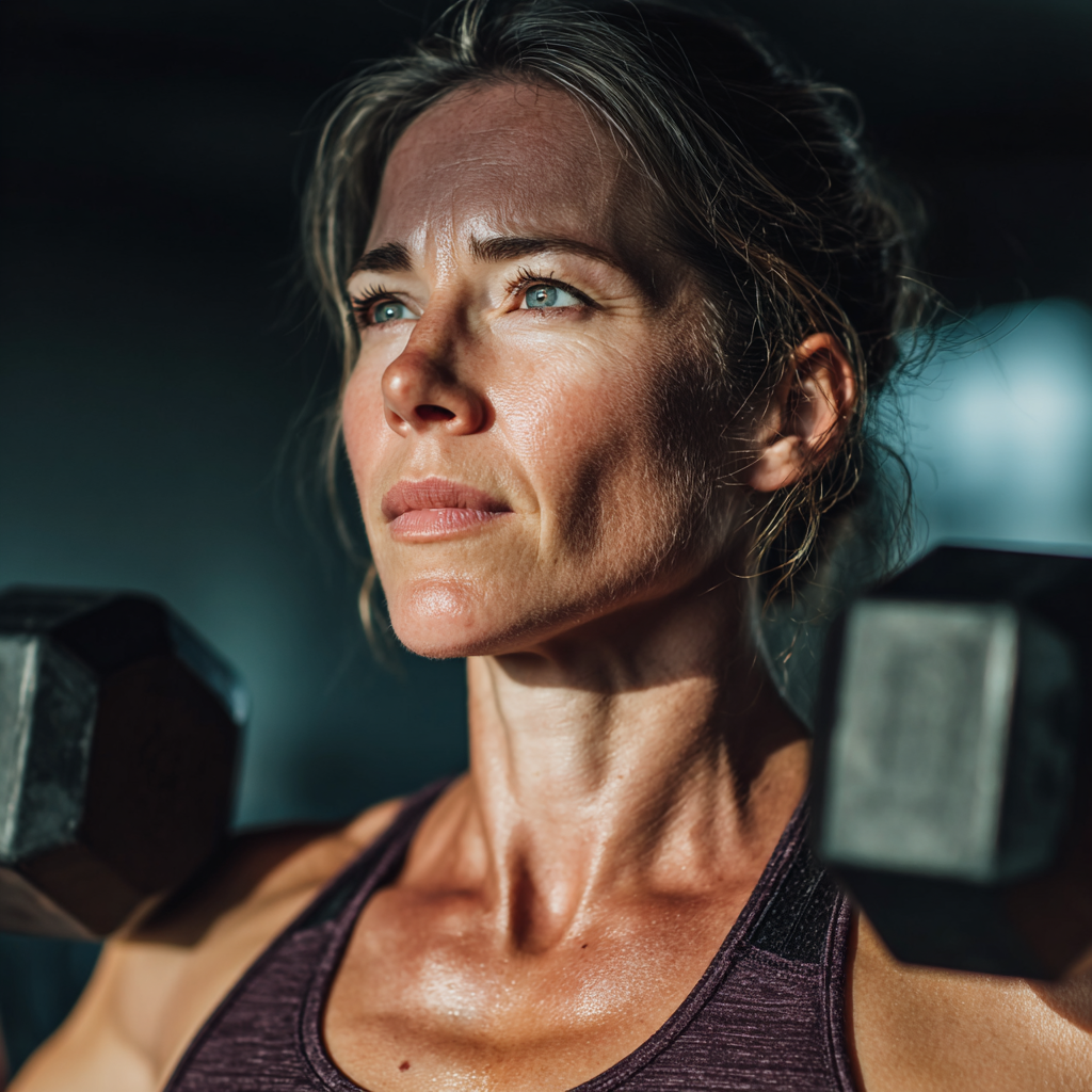 A fit woman in her late 40s performing strength training exercises with dumbbells in a modern gym, wearing athletic clothing, focused expression, natural lighting