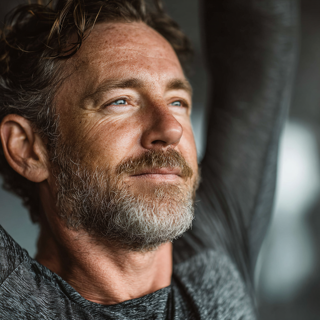 A man in his early 50s doing stretching exercises in a bright fitness studio, wearing comfortable workout clothes, peaceful expression, soft natural light through windows